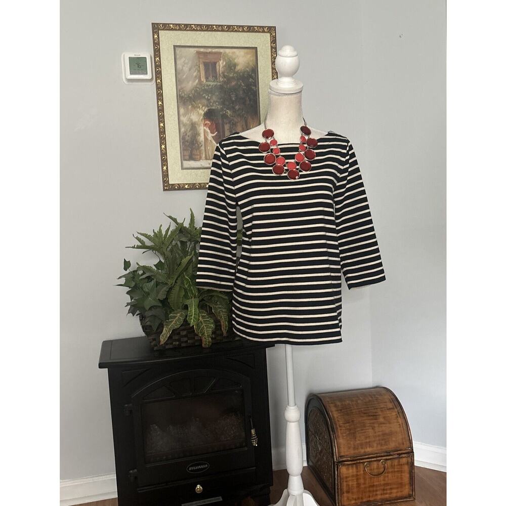 LOFT Womens Medium Blouse 3/4 Sleeves Boat Neck Striped 1/4 Zipper Back Pullover